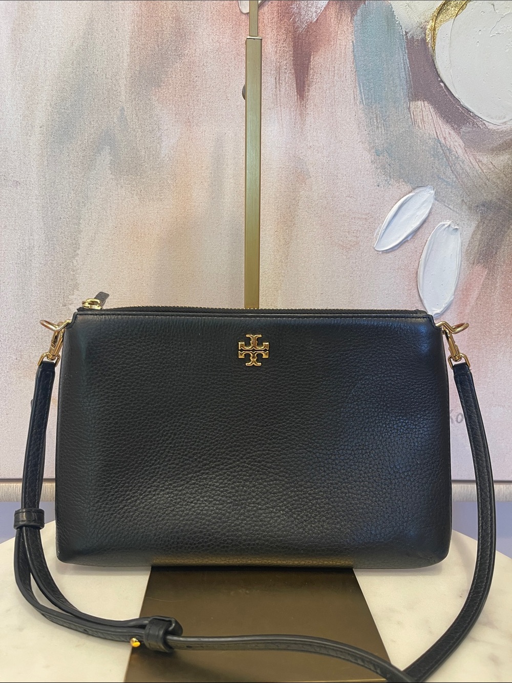 Tory Burch Black Pebbled Leather Crossbody with Gold Logo